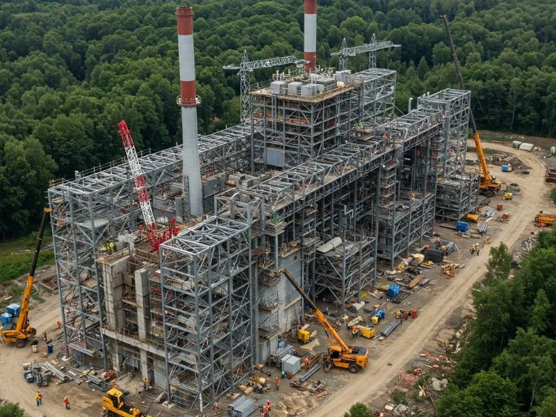 Aerial view of an industrial steel-frame plant under construction with cranes and workers
