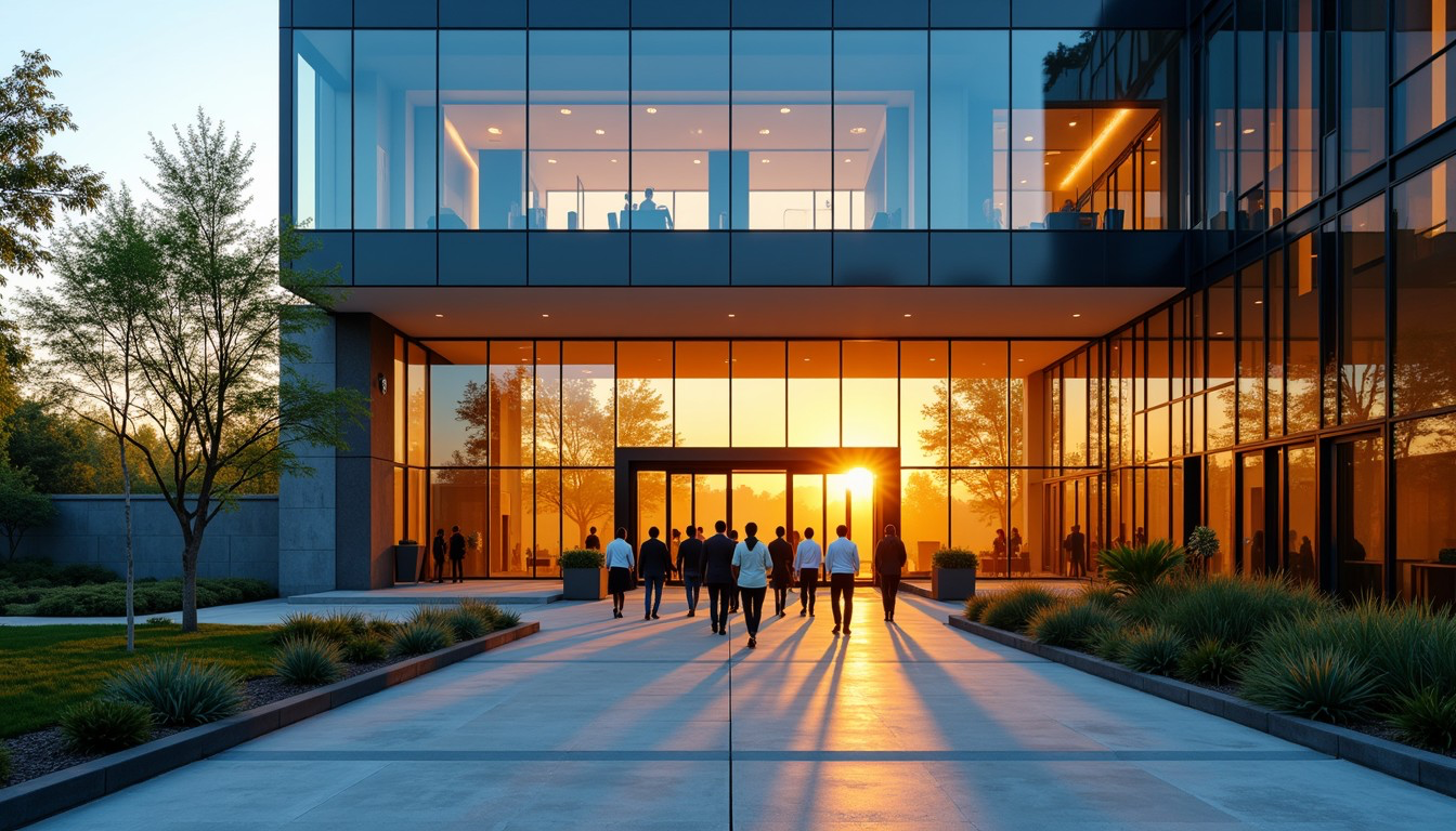 Glass corporate office campus entrance glowing at sunset with people walking in