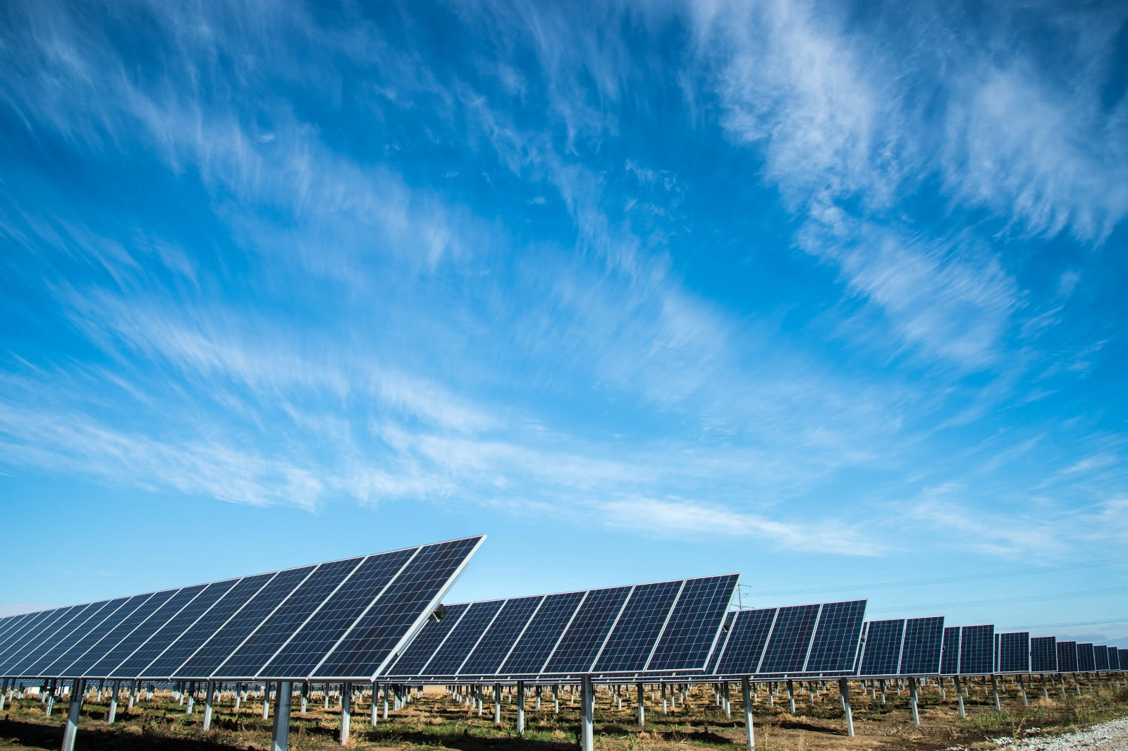 Rows of solar photovoltaic panels in a utility-scale solar farm under a blue sky