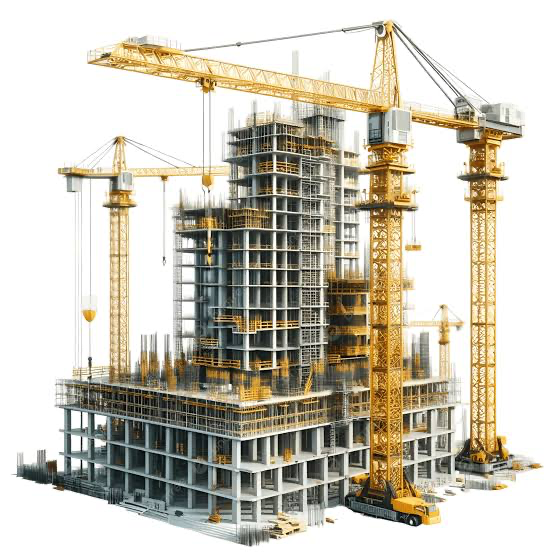 High-rise reinforced concrete structure under construction with tower cranes and steel frameworks