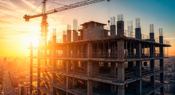 A high-rise reinforced concrete frame under construction at sunset with a tower crane